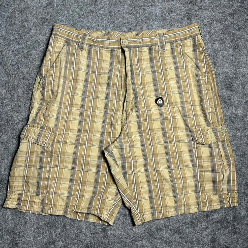Wrangler Plaid Cargo Shorts Tan Brown Skater Y2K Mens Size 34